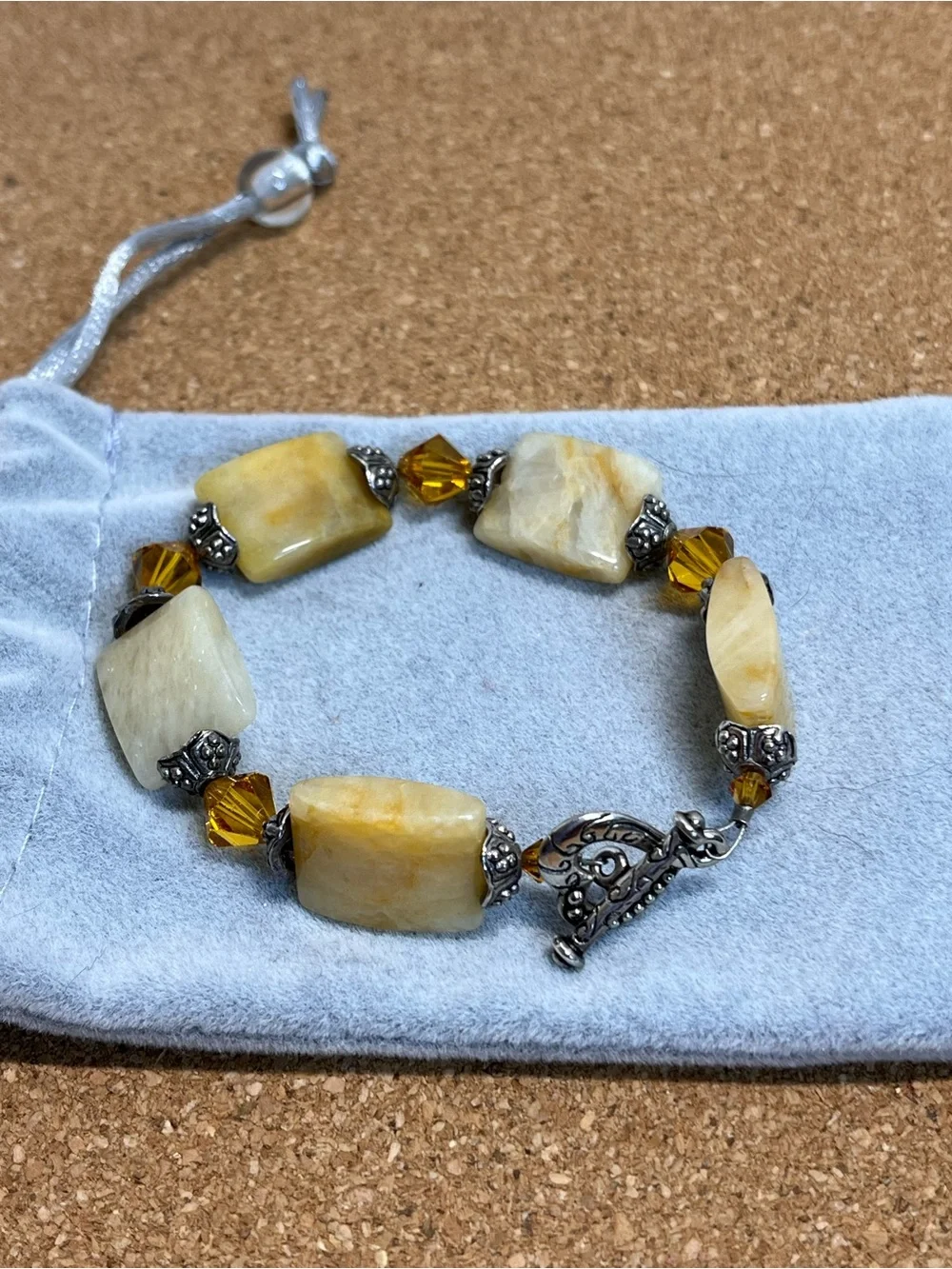Earth Stone Bead Bracelet Amber Crystal Accents Toggle Clasp